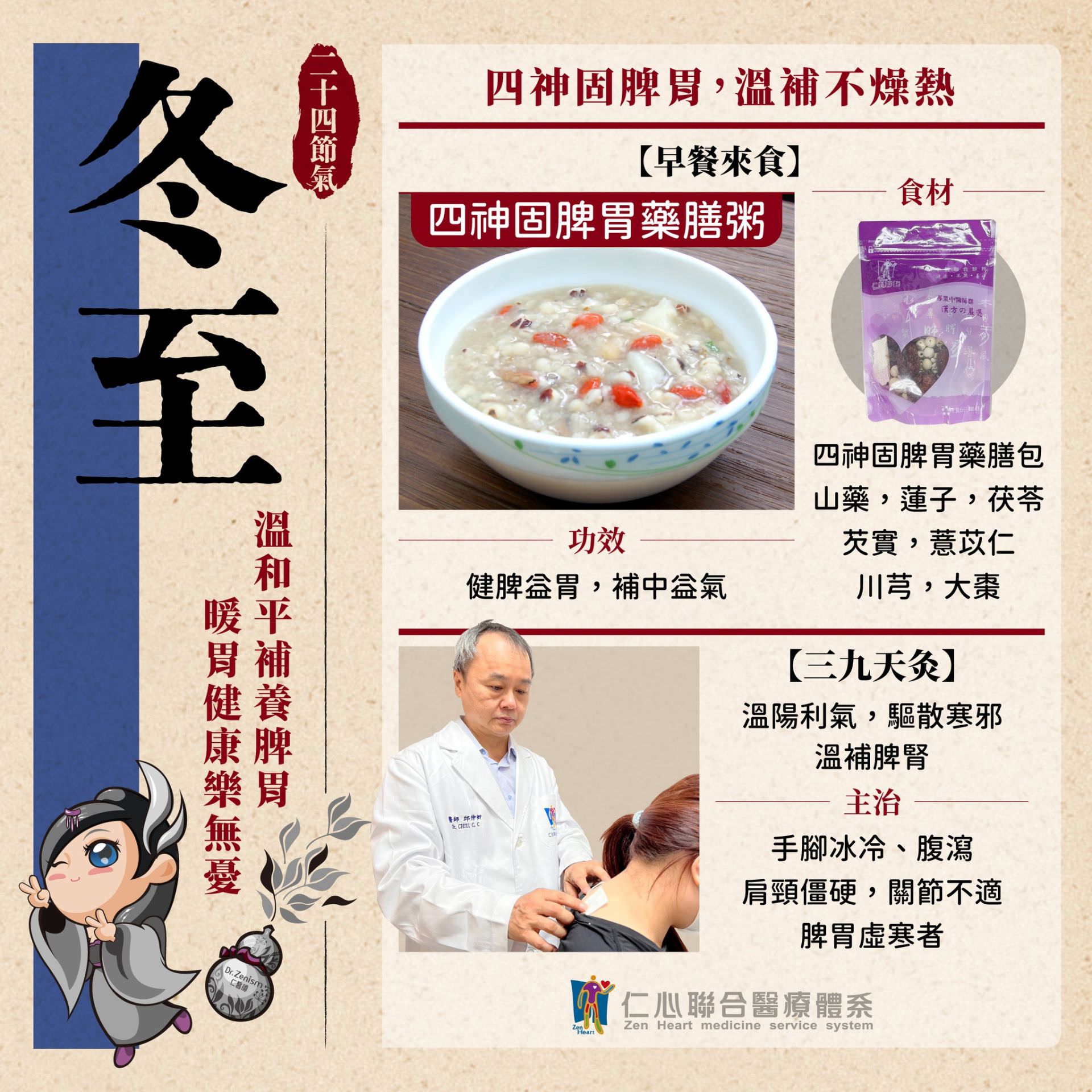 這張圖片介紹冬至節氣的養生重點，推薦食用四神固脾胃藥膳粥（含山藥、蓮子、茯苓、芡實等）以健脾益胃、補中益氣，並介紹「三九天灸」療法，透過溫陽驅寒、溫補脾腎來改善手腳冰冷、腹瀉、肩頸僵硬及虛寒體質等問題，達到溫和平補、暖胃健脾的效果。
