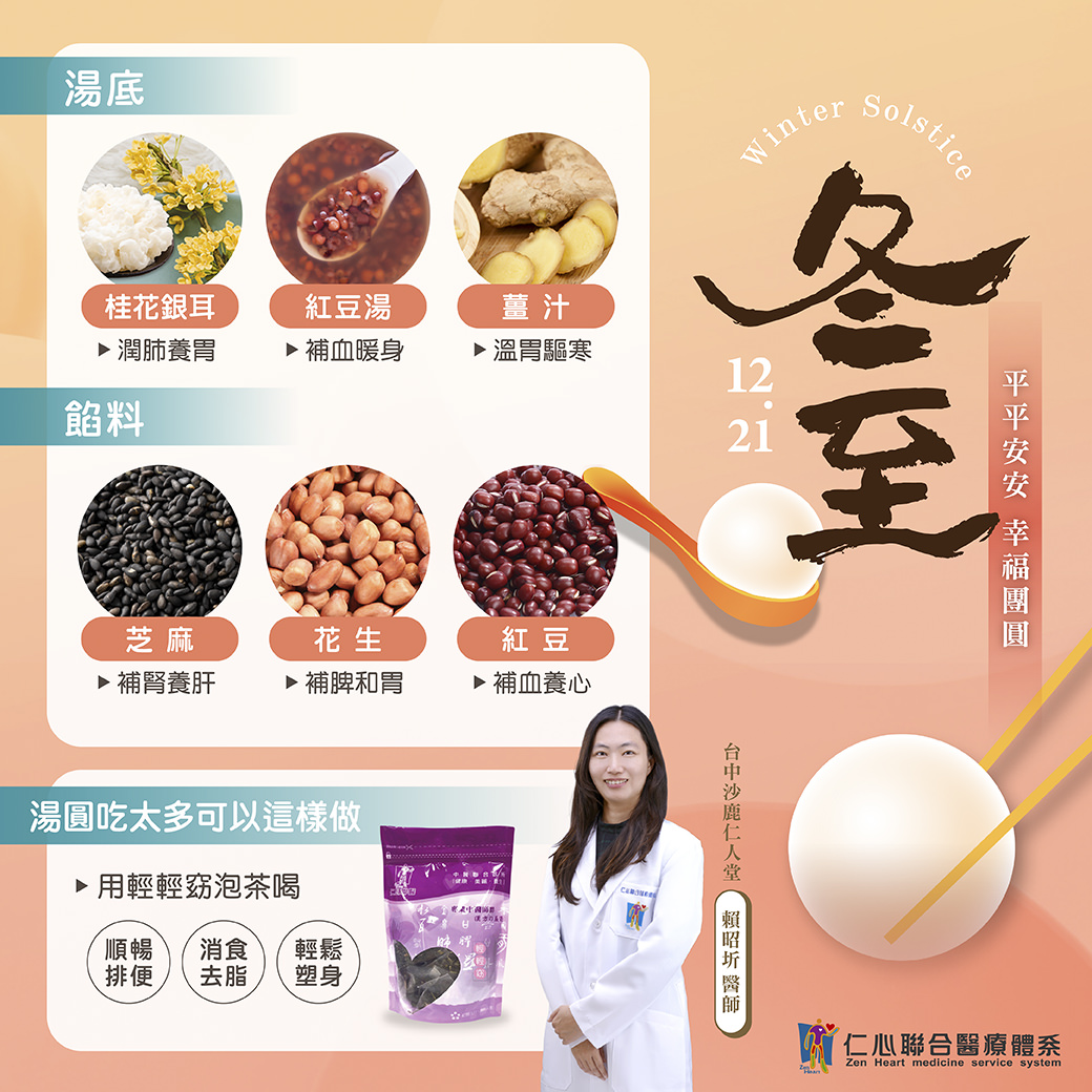 醫生展示冬至養生的食材和湯圓，介紹如何利用桂花銀耳湯、紅豆湯等食材來補腎養心、溫補暖身，並推薦食用湯圓增強體質。