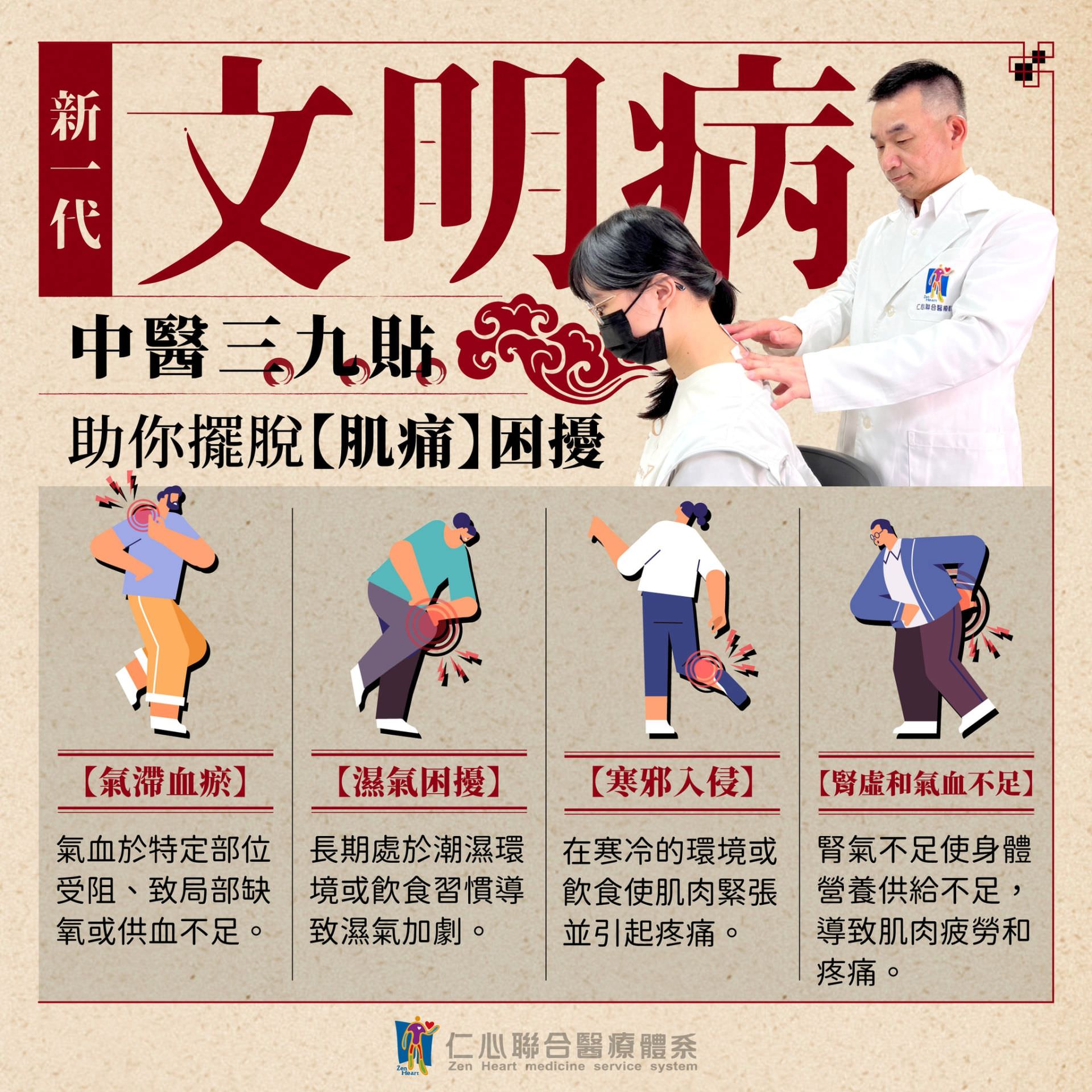 新一代文明病如肌肉痠痛和僵硬，常由氣滯血瘀、濕氣困擾、寒邪入侵以及腎虛和氣血不足等問題引起，中醫三九貼通過調理氣血、祛濕驅寒以及補益腎氣，能有效改善因現代生活方式而引發的身體不適，幫助擺脫肌痛困擾，恢復身體健康與活力。